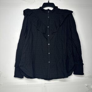 Loft Black Swiss Dot Ruffle Trim Long Balloon Sleeve Blouse Regencycore Size M